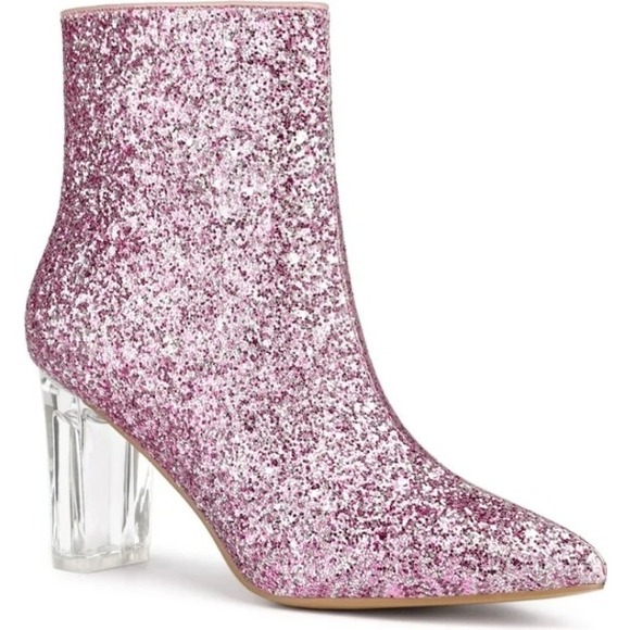 Allegra K Glitter Ankle Boots Clear Lucite Heel Pointed Toe Pink Sparkly Party 7 - Picture 1 of 9